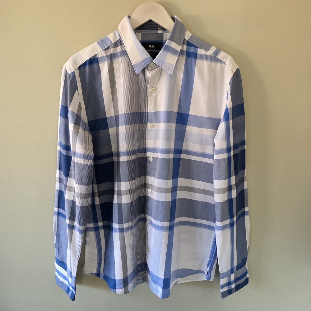 Hugo Boss M Quiet Luxury Modern Academia Workwear Plaid Slim Fit Dress Shirt